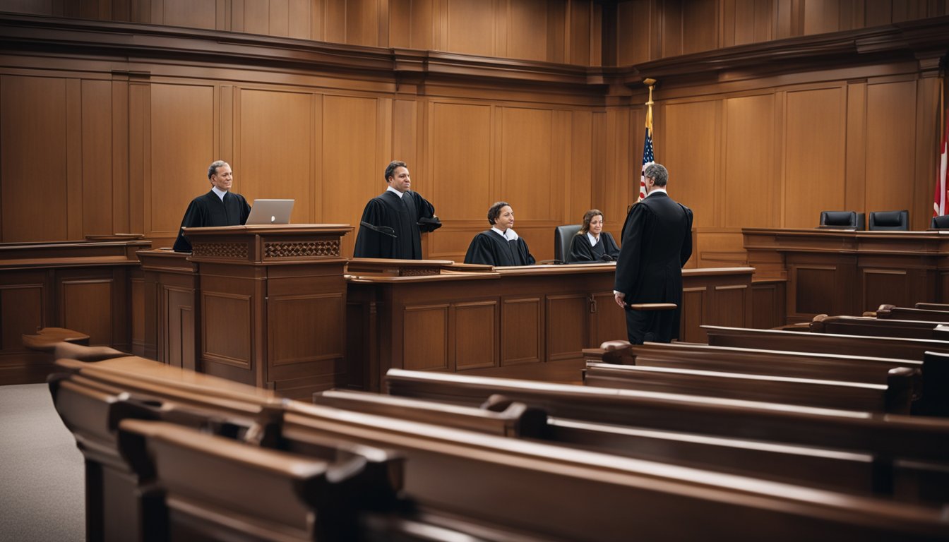 A courtroom with a judge sitting at a raised bench, lawyers presenting arguments, and a defendant standing before the judge